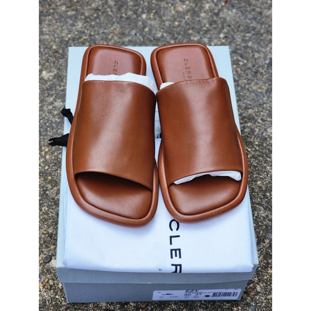CLERGERIE PARIS‎ Ezy Cognac Leather Flat Slide Sandals Square Toe Size 37 NEW
